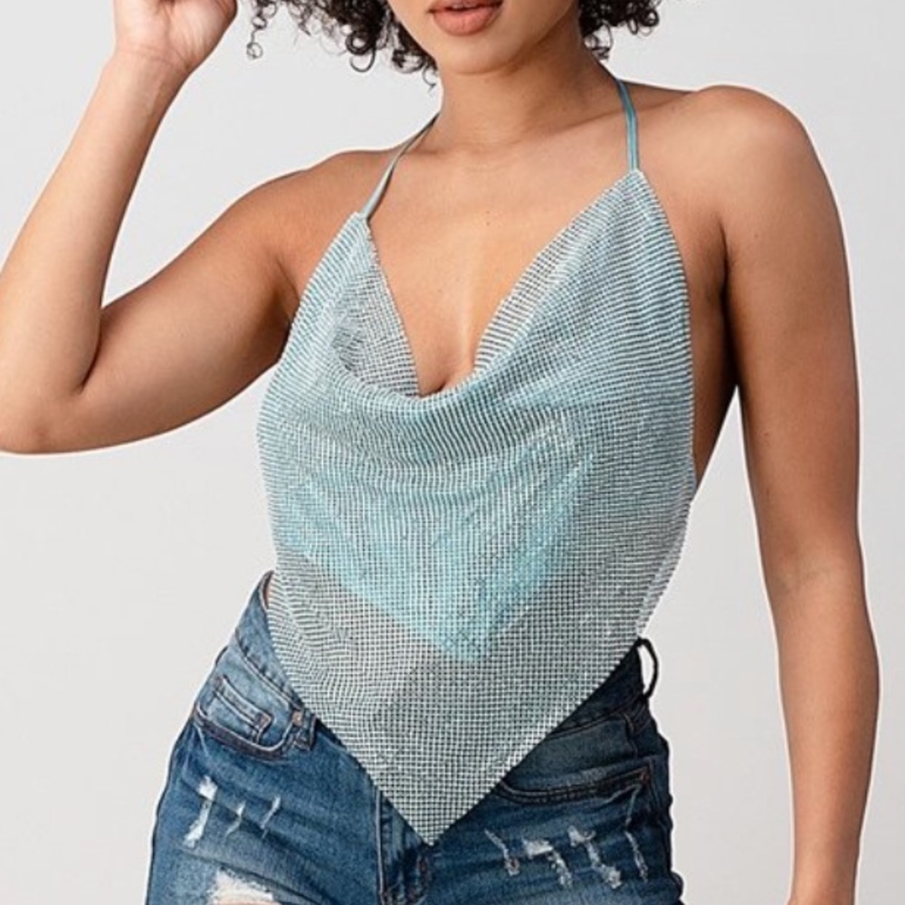 Blue Rhinestone Halter Top